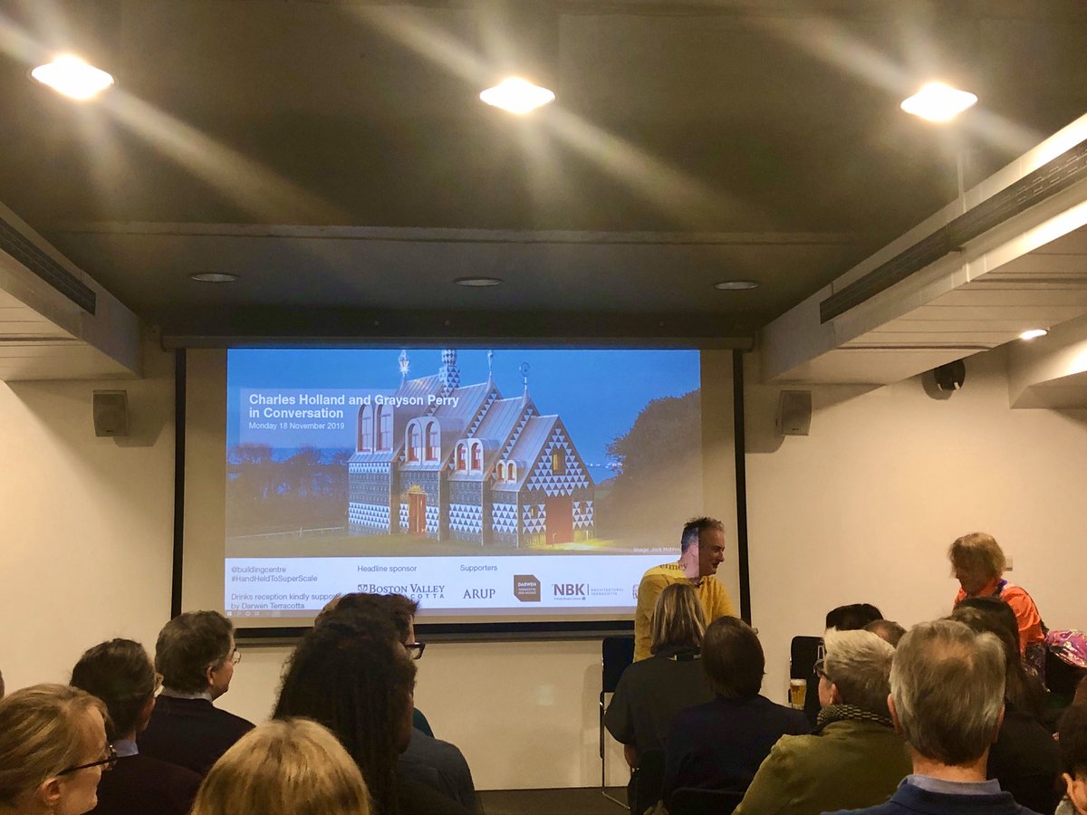 WillSandyDesign's tweet photo. Opening line, “I always associate architects with three things, Brompton Bicycles, Margaret Howell clothing and OCD” @Alan_Measles at tonight’s in conversation with @charlesjholland A House for Essex #HandHeldToSuperScale @BuildingCentre https://t.co/tDtmkJPgEU