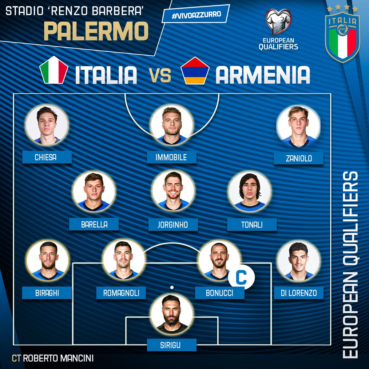 Azzurri's tweet photo. La formazione schierata dal Ct #Mancini!

#EuropeanQualifiers 🇪🇺 #Euro2020
🇮🇹 #ItaliaArmenia 🇦🇲
⏱️ Oggi, ore 2️⃣0️⃣:4️⃣5️⃣
🏟️ Stadio Renzo Barbera - #Palermo
📺 Diretta TV #RaiUno

#Nazionale #Azzurri #ItaArm #VivoAzzurro https://t.co/QqevNljqtL