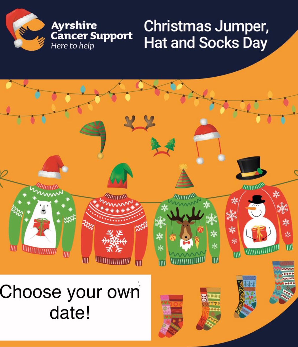 ayrshirecancer's tweet photo. Put a date in your diary for Xmas Jumper, Hat or Socks Day. Or why not go the full hog and do all three! Now that’s cozy! #letsjustdoit @CelebrateKillie @ayrracecourse @StaffAyrshire @southayrshire @loudoungowfclub https://t.co/rHqDYJHGd6