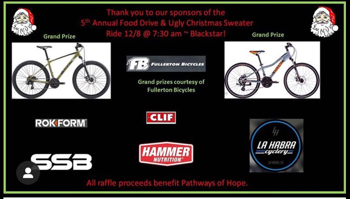 southbaysome's tweet photo. 🚴🏽‍♂️ Hike or Bike for a Cause 🚴🏼‍♀️
5th Anual Food Drive &amp; Ugly Christmas Sweater Ride
Much gratitude to all the AWEmazing sponsors! 

@la_habra_cyclery @ssbmtb @rokform @hammernutrition @jaxbicyclesirvine @fbbicycles @ClifBar
#OptOutside #keephammering #cycling https://t.co/oJFu82XfcG