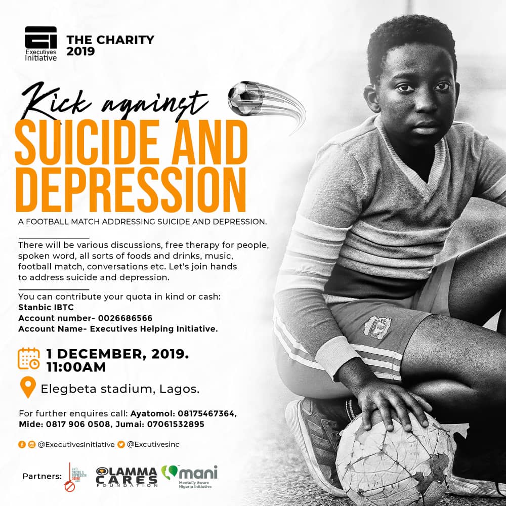 Executivesinc's tweet photo. This is the second event in the series of event we would be having in #THECHARITY2019 
Don't forget to register to  reserve your seat at the Elegbeta stadium 
https://t.co/hzhHx3ews7
#THECHARITY2019 
#KICKAGAINSTSUICIDEANDDEPRESSION 

#kASD https://t.co/ZbwiN4AFy4