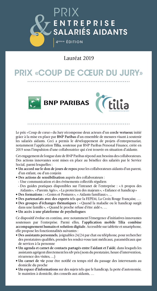 GroupeAudiens's tweet photo. Le prix « coup de cœur du jury » #PrixESA2019 est décerné à BNP PARIBAS qui a mis en place un ensemble de mesures visant à soutenir les salariés aidants, comme par exemple l’application Tilia @TiliaOaidants .

@Prix_ESA https://t.co/dptlHcIbu6