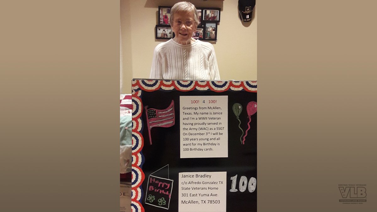 TXGLO's tweet photo. Janice, #WWII @usarmy Vet and resident of our @texasvlb Veterans Home in McAllen is turning 100 on Dec. 3. All she wants for her birthday is cards. Let’s make it happen, Texas! 

Janice Bradley
c/o Alfredo Gonzalez TX State Veterans Home
301 East Yuma Ave. 
McAllen, TX 78503 https://t.co/vAqYS0KiWi