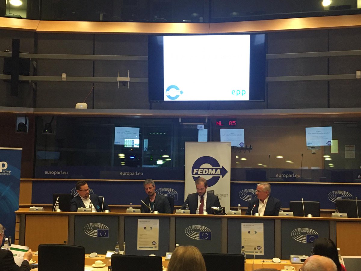 FEDMA's tweet photo. Our first panel in full discussion mode: is information about data processing enough or do consumer need more protection? Is legislation the right approach to create trust? Well done to our speakers and moderator @jeroen_lenaers #FEDMATrust https://t.co/2Zbdu5LGwm