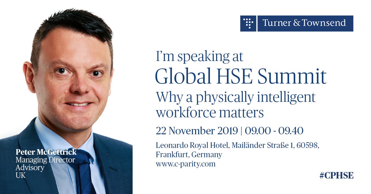 turnertownsend's tweet photo. Peter McGettrick, our Managing Director of UK Advisory, will be explaining the science behind changing workforce habits from a health and safety perspective at the Global #HSE Summit in #Frankfurt this week: https://t.co/o64Joeh0lr https://t.co/Kz3Yt8r8yZ