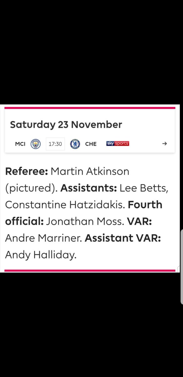 AnnieHarte21's tweet photo. The officials have been named for our next game @premierleague Thank fook that pathetic excuse of a ref is not refereeing our match😎 but i couldn't think of a better game for him to get☺😎👍Best of luck🤔 #ManCity #ChelseaFC #atkinsonout https://t.co/LmwRxKtP2S