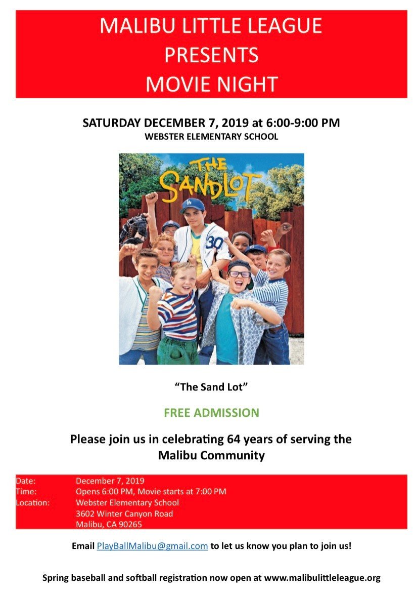 Malibu Little League (@mllstatus) on Twitter photo SAVE THE DATE!  MOVIE NIGHT on Dec 7th from 6-9 at Webster Elementary. Bring a blanket, pillow and/or low chair. We will have food options available but outside food is OK for those who want to bring their own. <a href="/CityMalibu/">City of Malibu</a> <a href="/MalibuESVB/">Malibu Elementary</a> <a href="/hertzinator/">Christopher Hertz</a> <a href="/webstermalibu/">Webster Elementary</a> <a href="/MalibuPathway/">Malibu Schools Pathway</a> SAVE THE DATE!  MOVIE NIGHT on Dec 7th from 6-9 at Webster Elementary. Bring a blanket, pillow and/or low chair. We will have food options available but outside food is OK for those who want to bring their own. <a href="/CityMalibu/">City of Malibu</a> <a href="/MalibuESVB/">Malibu Elementary</a> <a href="/hertzinator/">Christopher Hertz</a> <a href="/webstermalibu/">Webster Elementary</a> <a href="/MalibuPathway/">Malibu Schools Pathway</a>