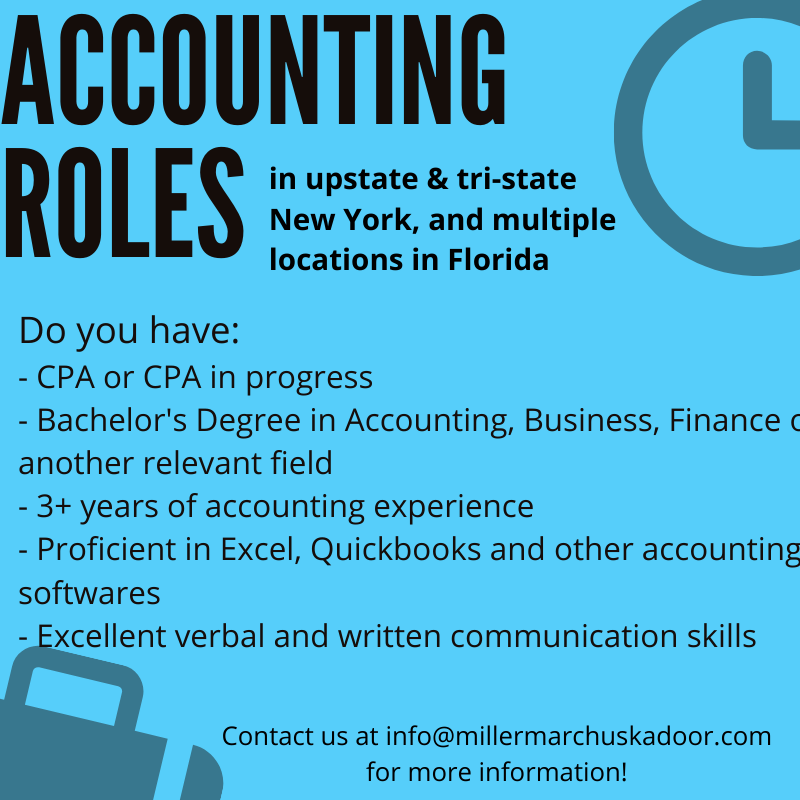 MillerMarchuska's tweet photo. Job searching? In New York or Florida? Contact us at info@millermarchuskadoor.com so we can match you with #Accounting roles at excellent firms!

#NYjobs #FLjobs #business #jobseekers #hiringnow #successstartshere https://t.co/MsNgEONmhx