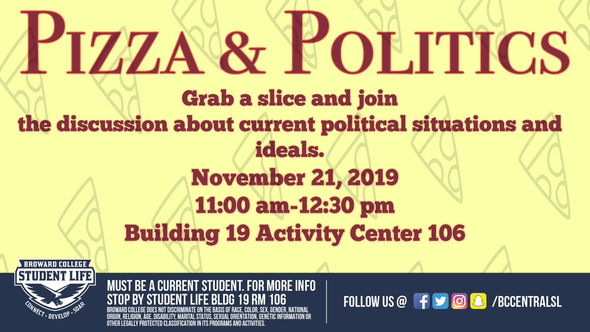 Pizza & Politics on Thursday, November 21st! Come grab a slice of pizza and join the discusstion about current political situations and ideals! 🍕🇺🇸 #pizzaandpolitics

Location: Bldg. 19 Rm. 106
When: 11:00am-12:30pm