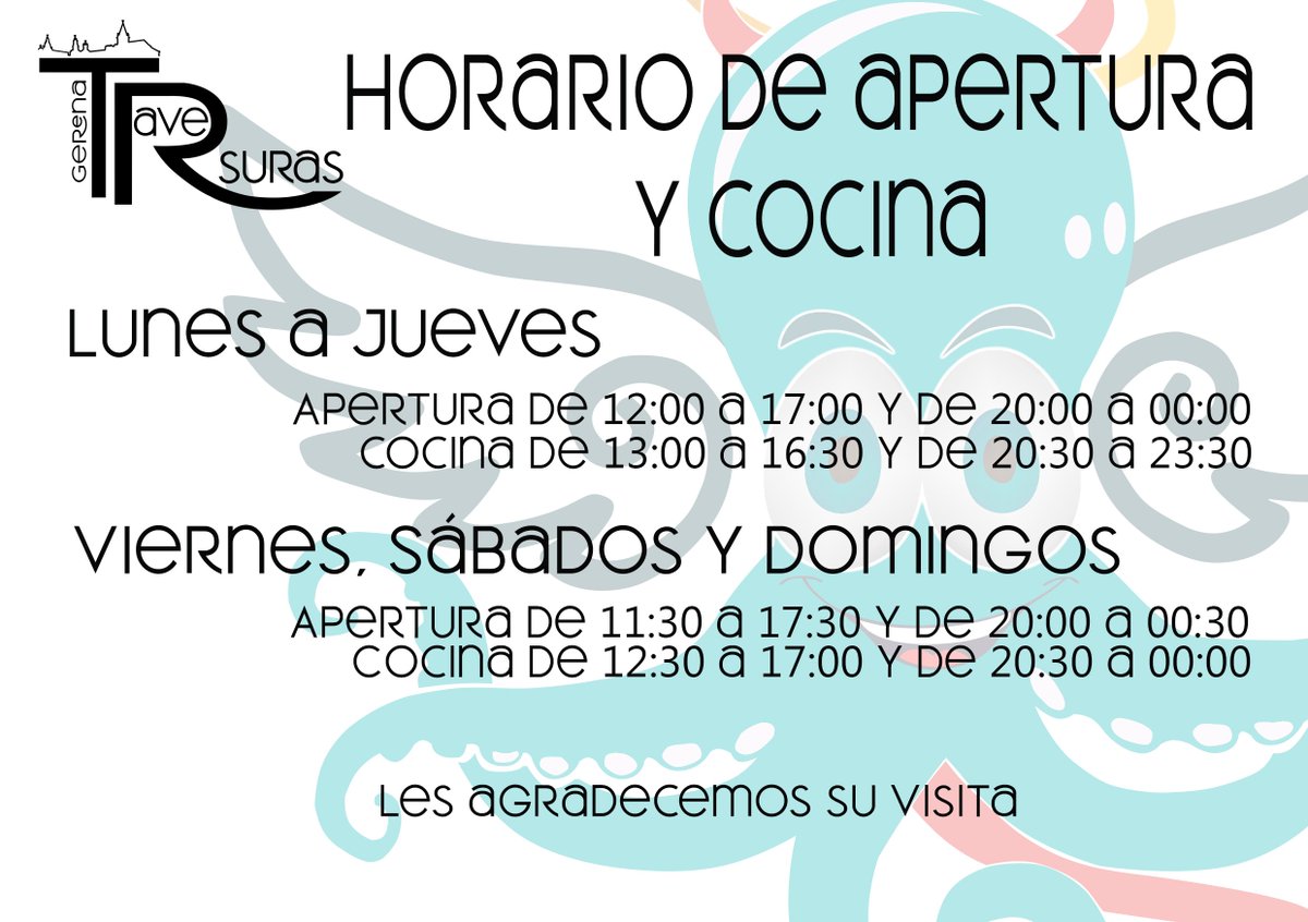 RTraversuras's tweet photo. Mañana martes a partir de las 21 horas inauguramos TRAVERSURAS. Os esperamos!!
Y si no puedes venir, te dejamos nuestros horarios de apertura y cocina.
Abrimos todos lo días!!
#traversuras #SevillaHoy https://t.co/nba4RPg8ez
