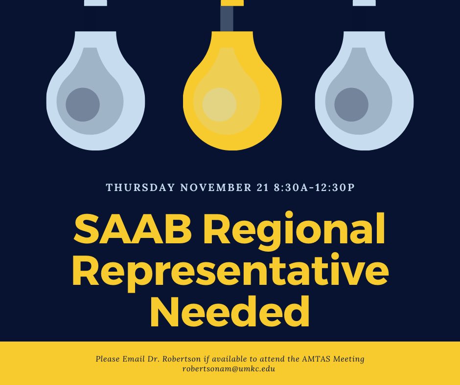 mw_amta's tweet image. The Midwest Region is currently seeking an individual to be present at SAAB/AMTAS Meeting at #amta19 on Thursday November 21st from 8:30a-12:30p.
Please email Dr. Amy Robertson if available | robertsonam@umkc.edu
@mwramtas @AMTANatCon