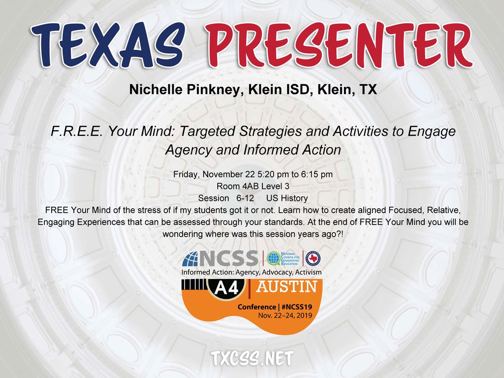 TxSocialStudies's tweet photo. 📣 Shout out to TXCSS PRESENTERS taking the stage at #NCSS19 in ATX!
👀 Keep an eye out for #TXCSSSWAG throughout the conference! 
#TXCSS19 https://t.co/EHvJ8UKrox