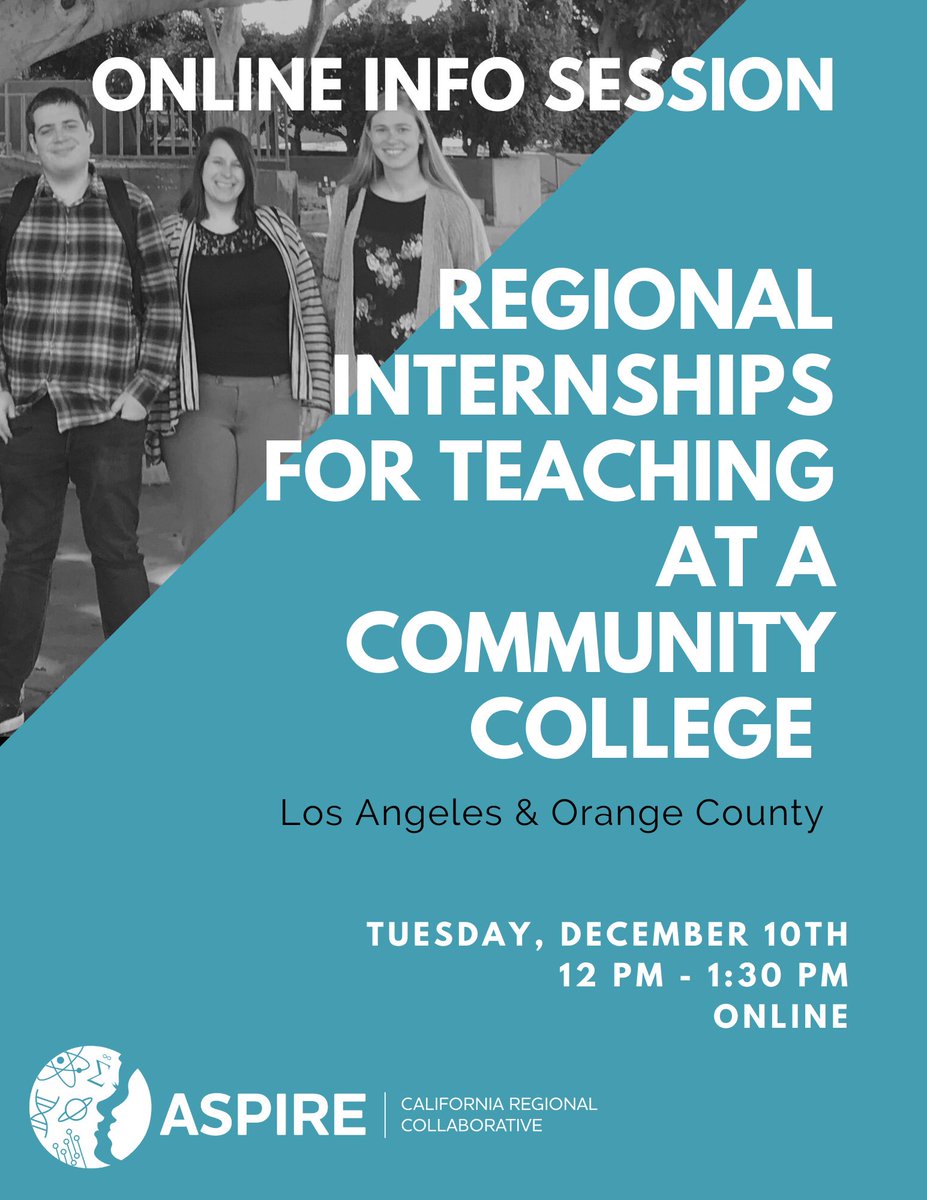 ASPIRE_CalRC's tweet image. Internships for Teaching at a Community College
Join this online info session featuring some of Southern California’s Internship programs that prepare future faculty to work at a community college!

Date: 12/10/2019
Time: 12pm - 1:30pm (PST)
Register Here: bit.ly/InternshipSoCal