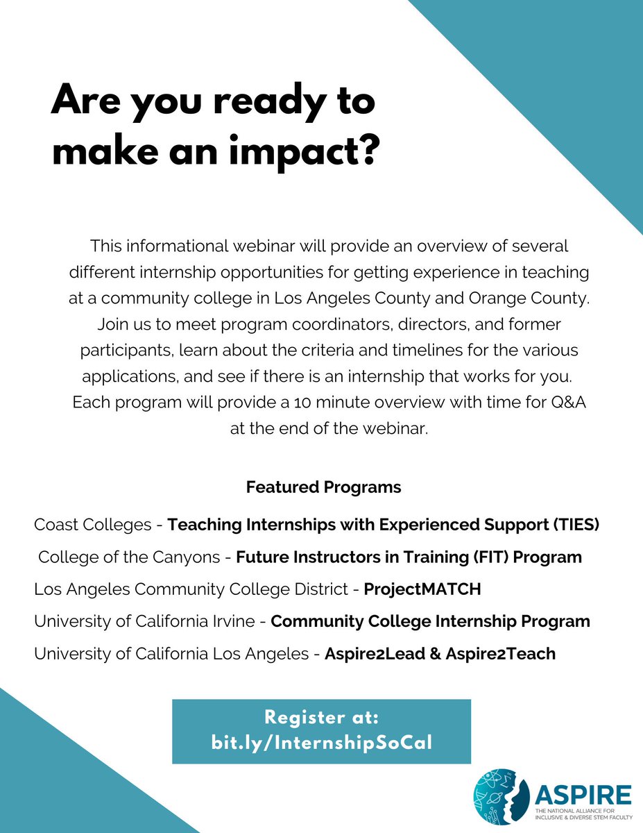 ASPIRE_CalRC's tweet image. Internships for Teaching at a Community College
Join this online info session featuring some of Southern California’s Internship programs that prepare future faculty to work at a community college!

Date: 12/10/2019
Time: 12pm - 1:30pm (PST)
Register Here: bit.ly/InternshipSoCal