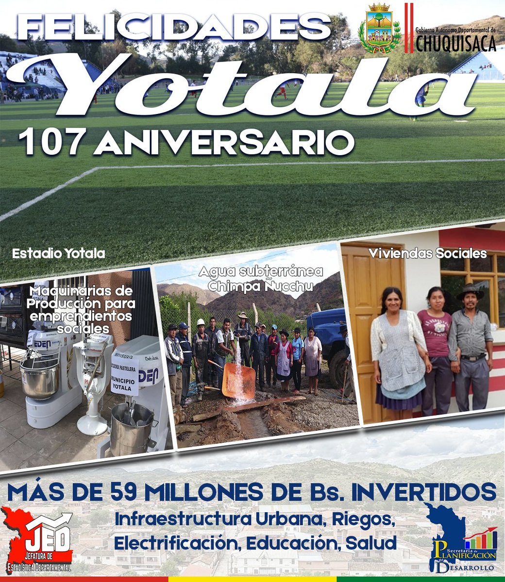 Gadch_Planif's tweet photo. Felicitar a todos nuestros hermanos de la Villa de #Yotala en su 107 aniversario de parte de @GobernacionCh, juntos construimos el desarrollo de nuestro departamento. https://t.co/mKIE4OhnyE