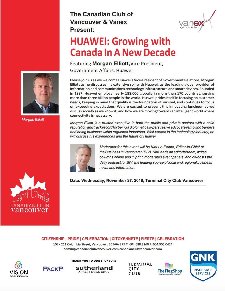 @vanex_association and @cdnclubvan present on Nov 27 <a href="/TCClub/">Terminal City Club</a>: Huawei’s Vice-President of Government Relations, Morgan Elliott. Moderator will be Kirk La-Pointe, Editor-in-Chief at the Business in Vancouver (BIV).
No extra cost for @vanex_association members