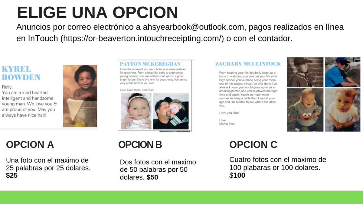AlohaHSYearbook's tweet photo. Seniors! El espacio para los anuncios de bebe esta limitado. Escoge una opcion de abajo, paga con la bookkeeper o Intouch y luego manda un correo electronico a ahsyearbook@outlook. Ordena espacio antes que se acabe. https://t.co/ME1UMT5CkH