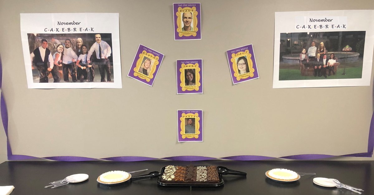 INTDesign's tweet photo. November's Cake Break featured a Friends theme. Every month INT takes this time to ask employees 'how you doin' and show that coworkers will be there for you to celebrate anniversaries and birthdays! Congrats Blake, Stacy, Liz, Regina, Shari, and Daniel!
#companyculture https://t.co/U2TTuyWX55
