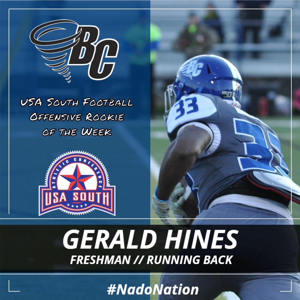 BCTornados's tweet photo. Football: BREAKING NEWS. - Congrats to @BrevardCollege @BrevardF5β Gerald Hines, who was named the @usa_south Conference Football Offensive Rookie of the Week! #NadoNation #d3fb #MadeInTheUSASouth https://t.co/d4EUAMaFlr