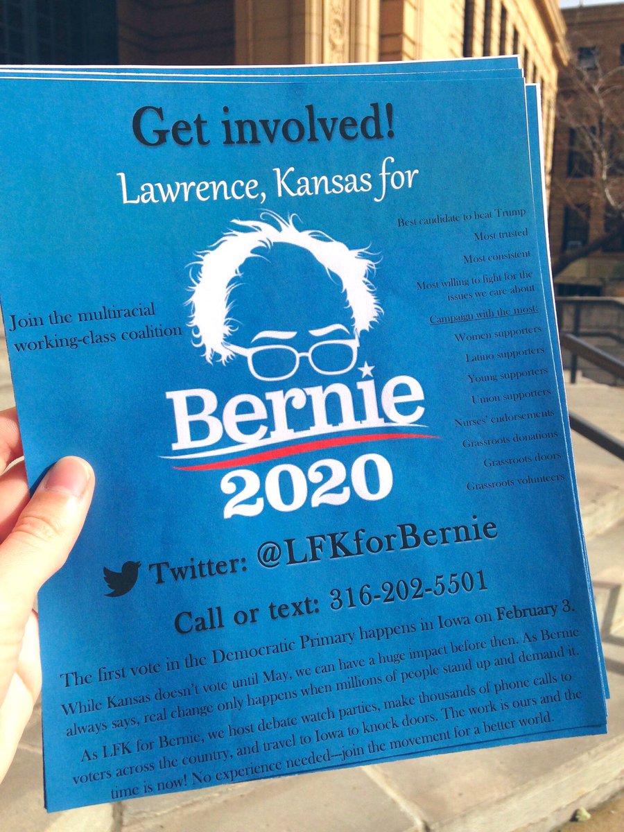 LFKforBernie's tweet photo. These fliers going up on the #KU campus today 😁Help us spread the word! If your local business has a place to put our info, let us know and we'll get you a bit of lit! 📌📄🗳#NotMeUs #OrganizingForBernie #Bernie2020 #shoplocal https://t.co/3H1UhgPZk7