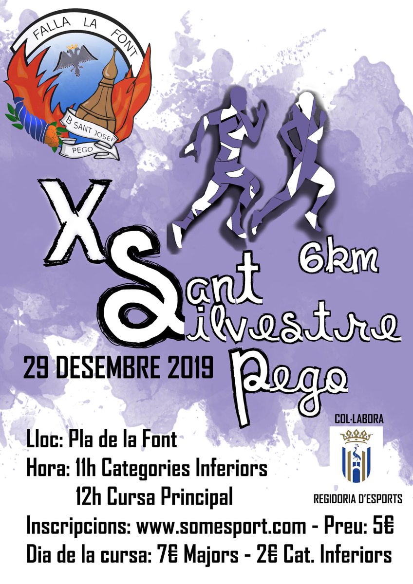 fallalafont_'s tweet photo. Ja tenim ací el cartell anunciador de la X Sant Silvestre pegolina.
Apunta al teu calendari que la pròxima 29 de desembre a les 12 h tindrà lloc la Sant Silvestre a Pego. Vine a fer l'última cursa de l'any amb nosaltres.
#ÚltimaCursadel2019 #DiguemAdeuJunts #FallaLaFont 🏃♀️🏃♂️ https://t.co/ssVBTR39nB