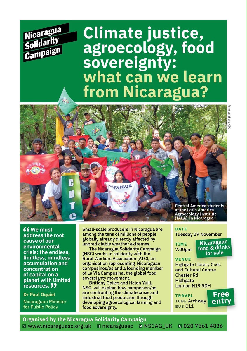 ARCGarden's tweet photo. Find out more about #agroecology and #ClimateJustice innovation in Nicaragua. Tomorrow Tuesday 19 November 7:00PM Highgate Library #Islington N19 5DH Free with Nicaraguan vegan snacks and drinks for sale! 🌹🌿🌾🌻🌷🍃@NSCAG_UK https://t.co/suImp3Gbie