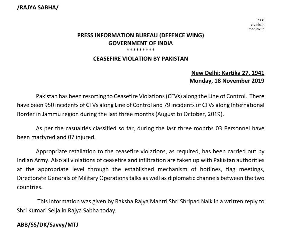 Indian Government says there have been 950 incidents of Ceasefire Violation at the Line of Control (LoC) and 79 incidents at the International Border (IB) by Pakistan in last three months (Aug to Oct) alone. Appropriate retaliation carried out by the Indian Army.