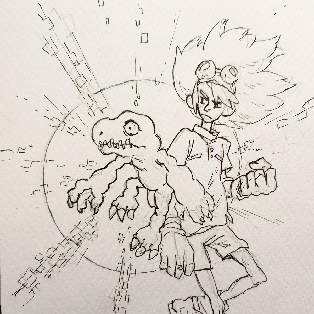 MikkelMainz's tweet image. #Alethrionchallenge day 17: Another character in @Alethrion Style. We&apos;ll hear a lot about pokemon the next couple of months, so here is a little digimon fanart for balancing. The first movie had such a cool intro.

#agumon #digivolve #digimon #fanart #styleswap #digimonart