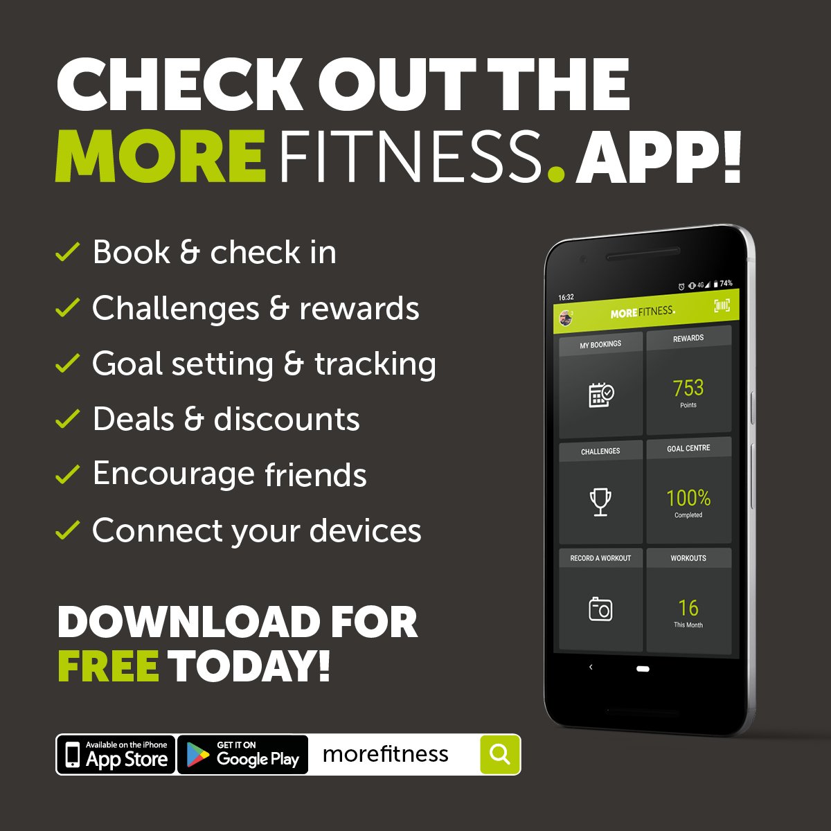 The Morefitness app also allows you to track your progress on your workouts, take part in monthly fitness challenges and receive rewards and discounts😎
Not yet downloaded the More Fitness app? 
Download today for free at  crowd.in/bdlOn5