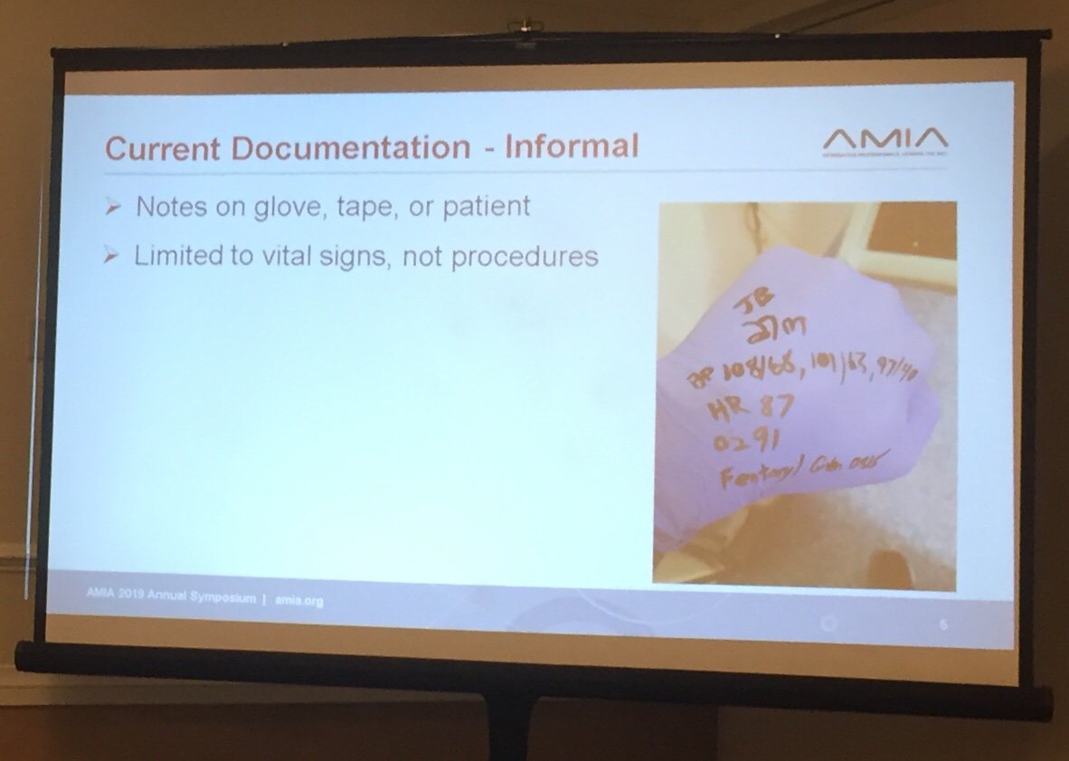 HCIforHealthIT's tweet image. Best #amia2019 slide so far - reality of paramedic documentation by Sean Bloos. Reporting pilot of Automated Sensing Clinical Documentation system using off-the-shelf components incl Apple Watch #betternotes