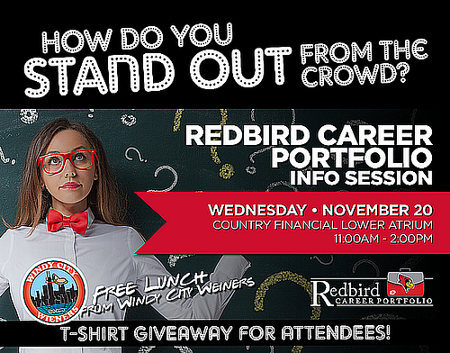 BusinessISU's tweet photo. Join us for the Redbird Career Portfolio Info Session.   Wed. 11am - 2pm, SFHB Atrium. Free Windy City Weiners.  TShirt Giveaway.  #RPC https://t.co/6J8oN69dY8