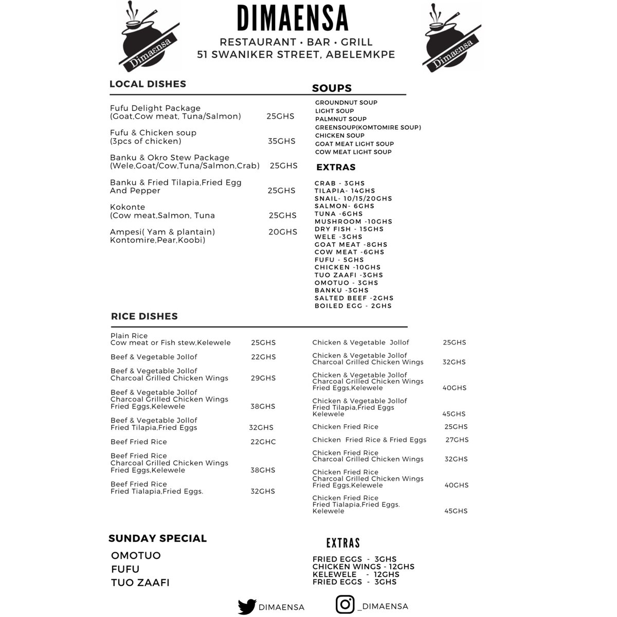 Dimaensa's tweet photo. 🚨🚨🚨🚨🚨🚨🚨🚨🚨
————————————-
Checkout our UPDATED food menu. Same options,same experience and slight changes in our prices. New menu will take effect from tomorrow 19/11/19.
#TheDimaensaExperience #HomeAwayFromHome https://t.co/MEIp1gdhIO