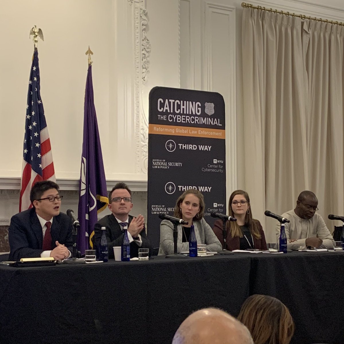 MiekeEoyang's tweet photo. Now our international panel kicks off at the #CyberEnforcementGap symposium moderated by @JennaMC_Laugh with @NeilWalsh_UN @alliepet16 as well as George-Maria Tyendzwa of Nigeria and Norikazu Otaki of Japan. https://t.co/lsfUukSej2
