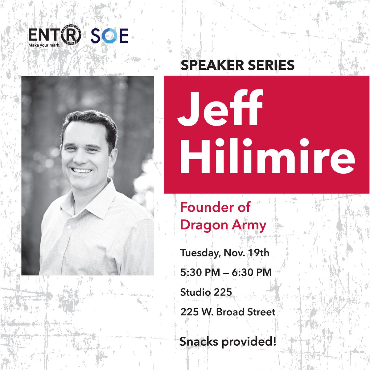 Come out to Studio 225 tomorrow for our last Speaker Series of the semester. Jeff Hilimire, founder of Dragon Army, is coming to talk about his experience. Snacks provided! #speakerseries #entrepreneur #ugaentr