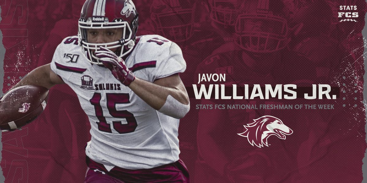 SIU_Football's tweet photo. The FCS National Freshman of the Week is @javonwilliams08 who is the new MVFC record holder for touchdowns (18) in a season. He had 3 more at Western Illinois last week. https://t.co/rS04NKzkXw