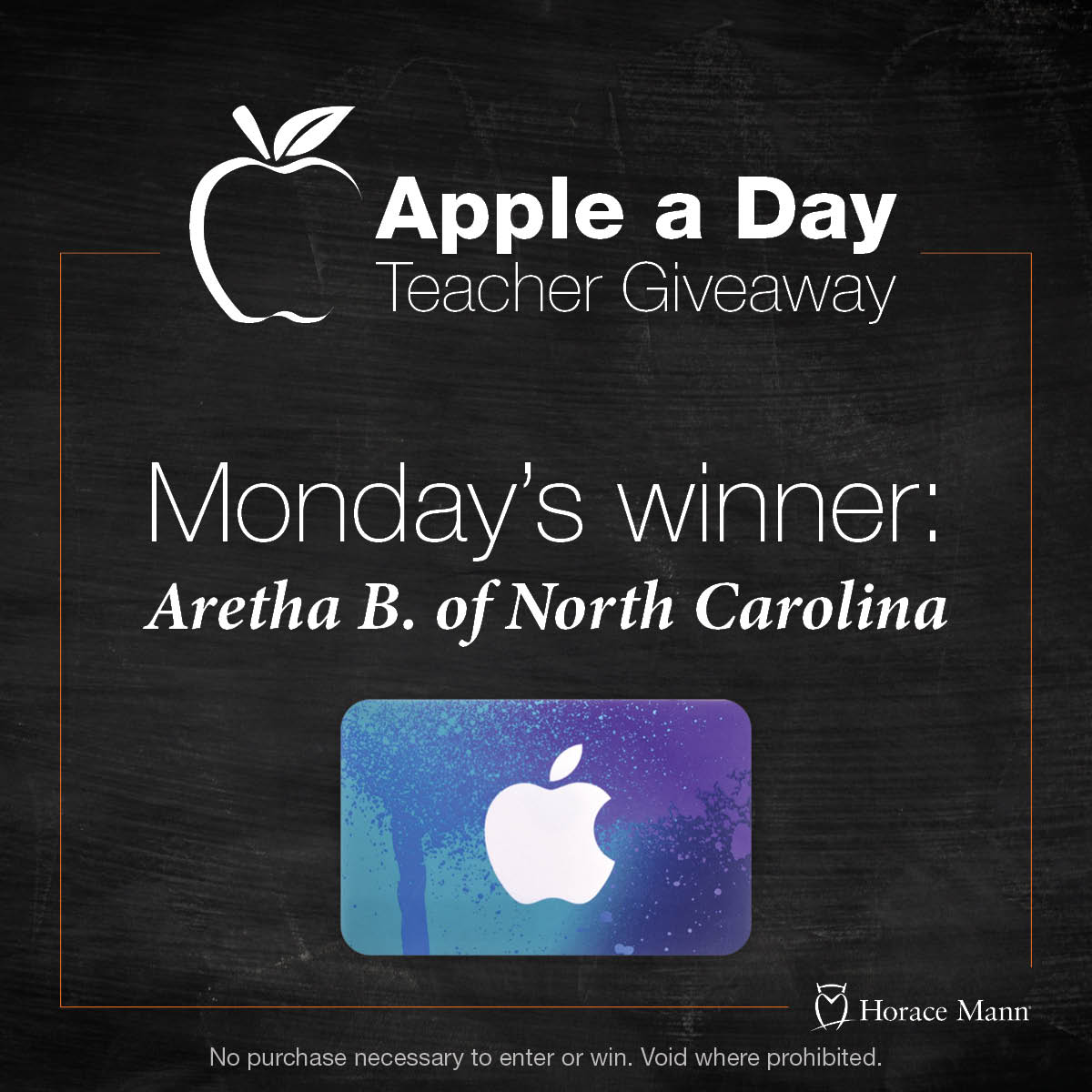 And the $100 iTunes gift card goes to ...

Aretha B. of North Carolina! Congratulations, Aretha!

4 more chances for you to be one of this week's winners! Enter if you haven't already! 🍎

#AEW19 #AppleaDay #AmericanEducationWeek