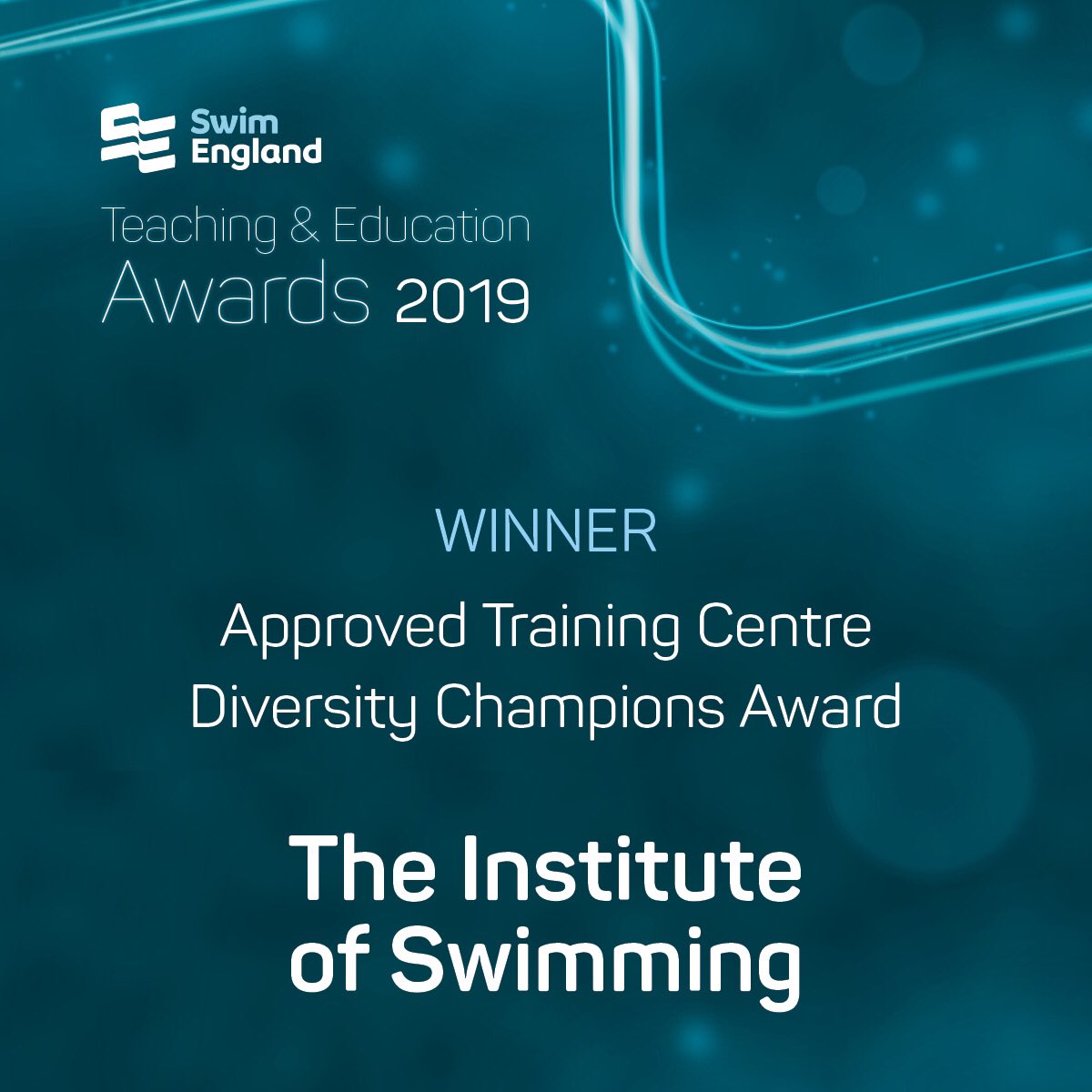 Swim_England's tweet photo. 🏆Swim England Teaching and Education Awards 2019
🏅Approved Training Centre Diversity Champions

Winner: @InstituteofSwim 
Runner-up: @AquabilityTTC 

Congratulations👏 #SETeachingandEducationAwards https://t.co/M13kf5PRa6