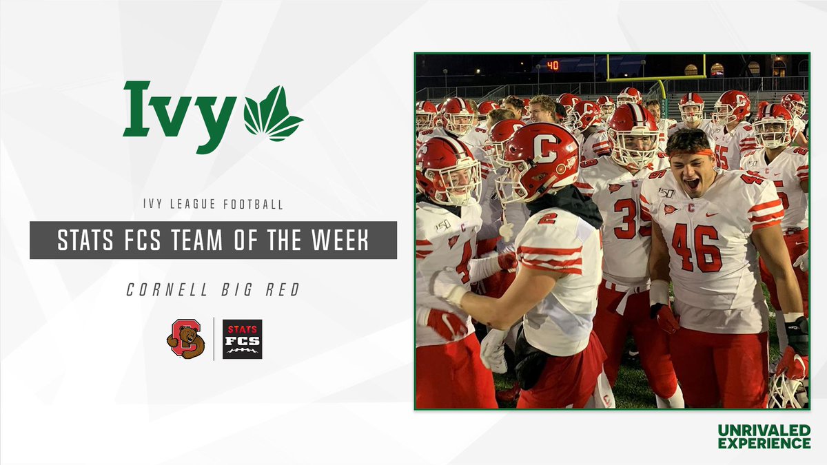 IvyLeague's tweet image. NATIONALLY RECOGNIZED. 

@BigRed_Football named the @FCS_STATS Team of the Week following its 20-17 win at Dartmouth. The victory was the Big Red's first road win over a ranked Ivy opponent since 1950 and ended a 10-game drought in the series. 🌿🏈

📰 » ivylg.co/FB111719