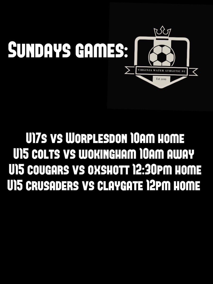 📆Sunday’s Games

Under 17’s vs @WRFC_Club 
Under 15 Colts vs @wokingham_sumas 
Under 15 Cougars vs @OxshottRoyalsFC 
Under 15 Crusaders vs @ClaygateRoyals
