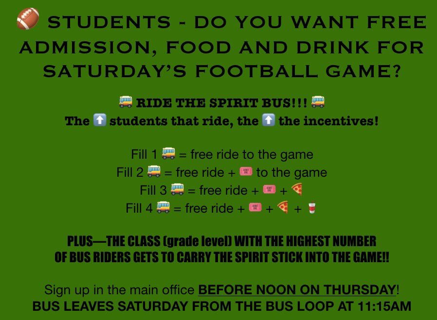 MAKE SURE TO SIGN UP FOR THE SPIRIT BUS!!!!!! WHO DOESN’T LIKE A FREE RIDE???? THE BUS WILL LEAVE FROM STALEY @ 11:15 ⏰ ON SATURDAY!!!!! LETS PACK THE BUSSES❗️❗️❗️