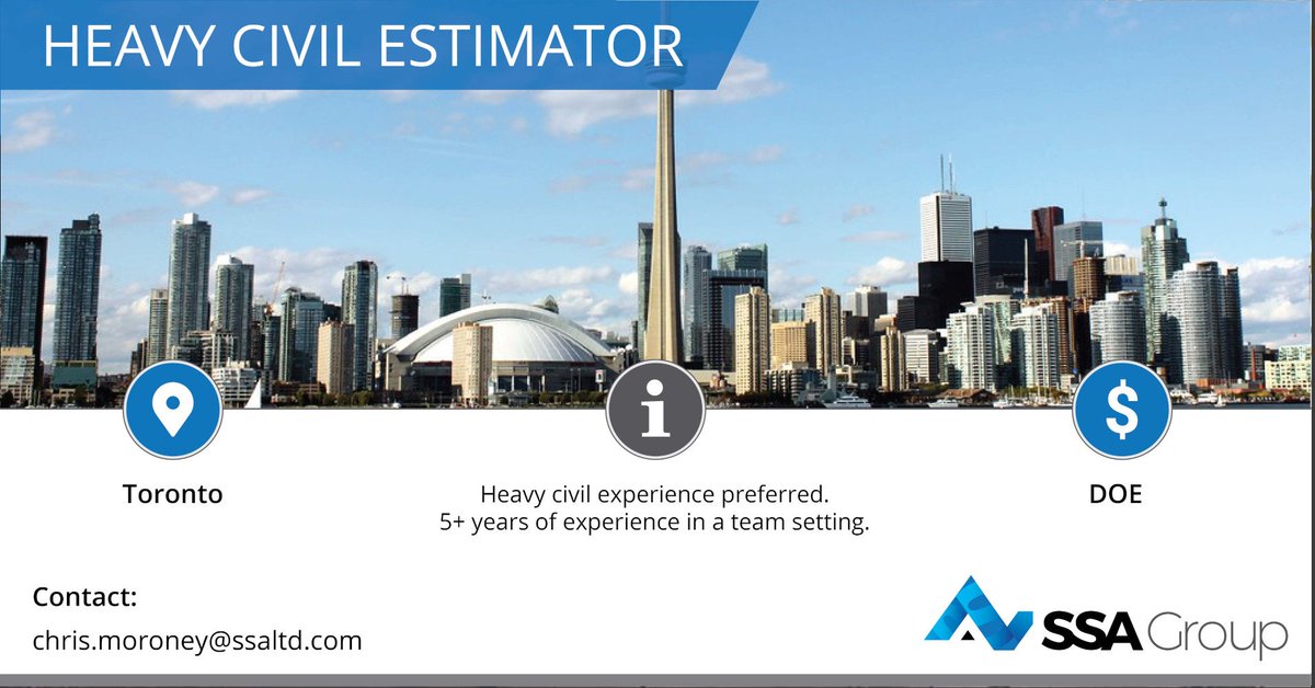 NOW HIRING: HEAVY CIVIL ESTIMATOR - TORONTO 

Heavy civil experience preferred. 5+ years of experience in a team setting. Salary is DOE 

Contact: chris.moroney@ssaltd.com @SSARecruitCan 

#constructionjobs #estimatorjobs #civilengineerjobs #engineeringjobs #nowhiring