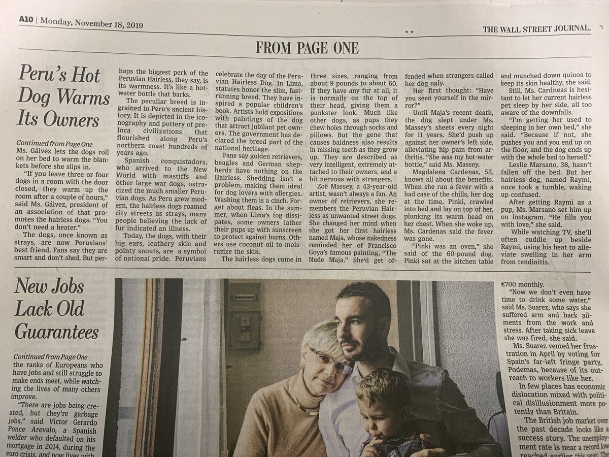 houdali's tweet photo. Una noticia diferente sobre América Latina hoy en The Wall Street Journal: el Peruvian Hairless o #PerroCalato Peruano y su capacidad de dar calor (perfecto para acurrucarse) en plena portada en el @WSJ de hoy. 🇵🇪 https://t.co/vtffALSaRN