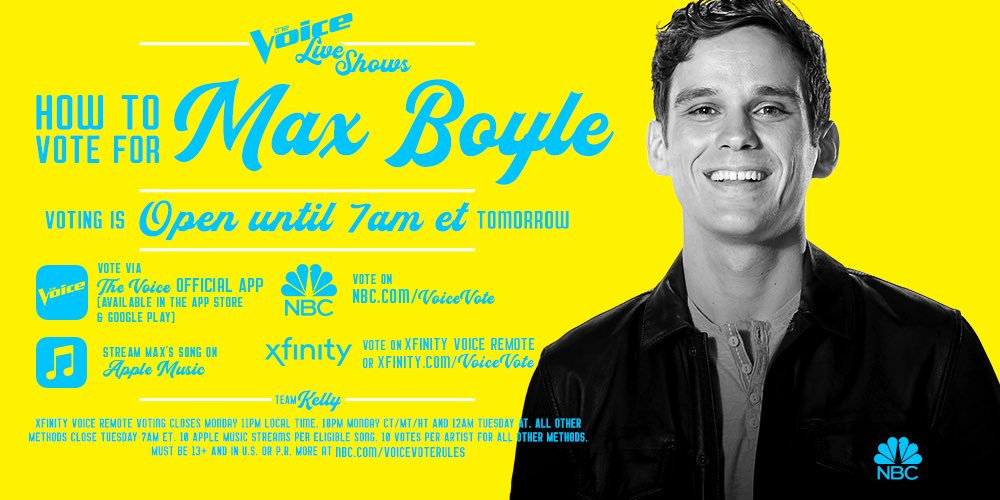 maxboylemusic's tweet photo. Just hours away from the show tonight!! Get ready to tune in!  Here's how to vote @NBCTheVoice #thevoice https://t.co/kEFXk3BpdV