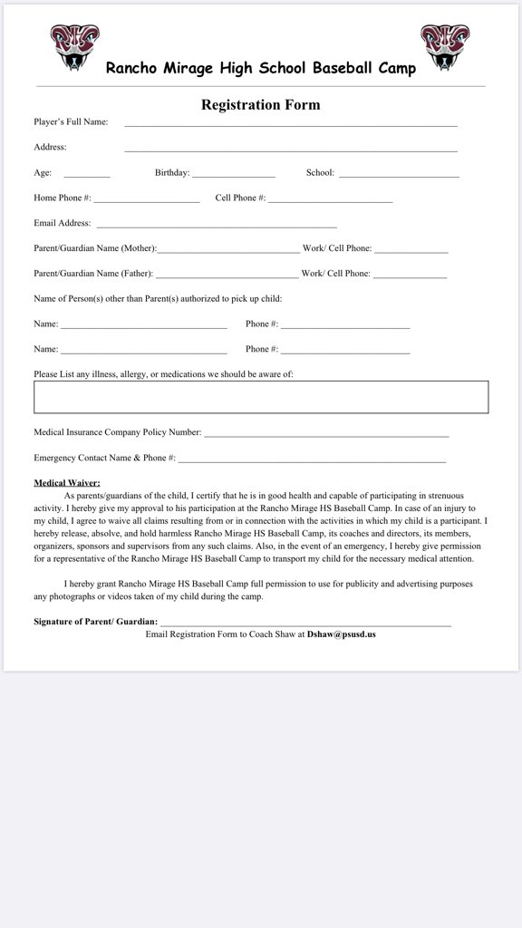 RMHS_Rattlers's tweet photo. Come join us for our first baseball camp at RMHS...4 days of learning the skills of baseball for the next level, from our staff and players, while having a great time!!! 
Email or Call Coach Shaw to register or for more info 
Dshaw@psusd.us
(925)998-4496 https://t.co/JntrrtqXwO