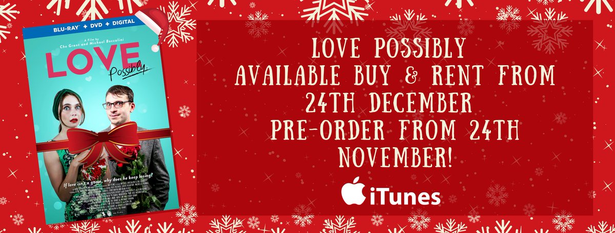 LovePossibly's tweet photo. BIG NEWS! Looking for the perfect Christmas present? Look no further, Love Possibly will officially be released on Christmas Eve! Available on digital platforms &amp; DVD in America and Canada - better still, it’s available to pre order on iTunes from November 24th.
#romcom https://t.co/hsisnKnl4r