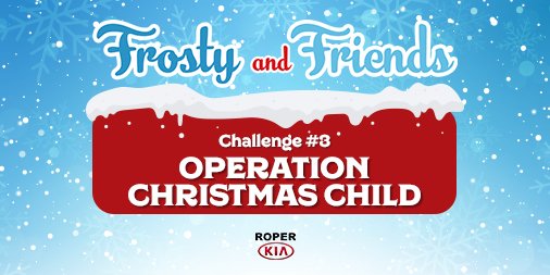 RoperKIA's tweet photo. CHALLENGE #3!
Operation Christmas Child
Go to Forest Park Church @ 7th &amp; Rangeline &amp; pick up a box. Fill up your box with items. Return the box to Roper Kia or Forest Park.  Take a pic or video of yourself dropping off your package. Post a pic/video in the comments below. https://t.co/wa64AhYQXp
