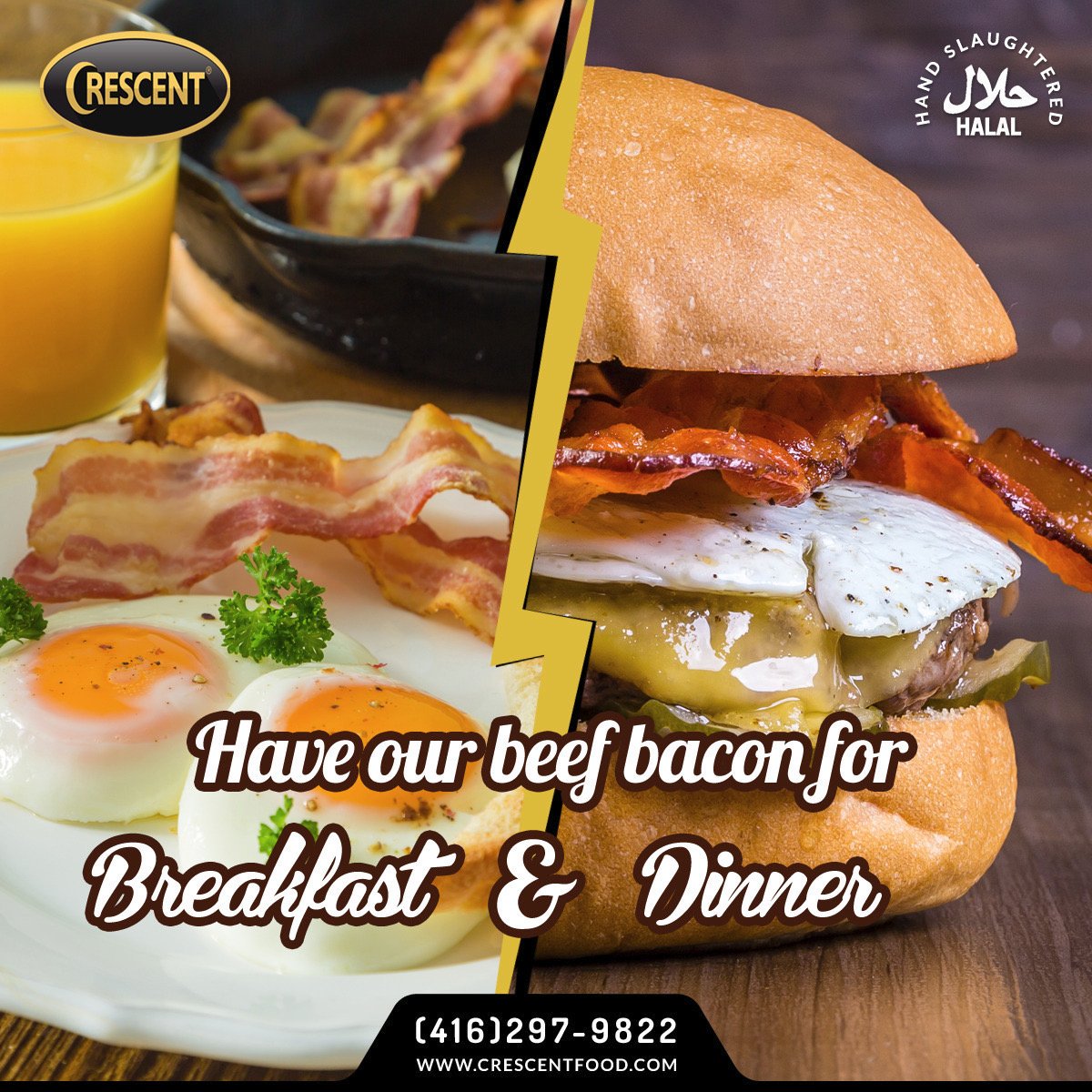 CrescentFood's tweet photo. Our beef bacon is one of our most versatile products, you can eat it with eggs for breakfast or put it in a burger for dinner! #halal #handslaughtered #beefbacon #bacon #burger #egg #breakfast #dinner #dinnertime #Toronto #Canada https://t.co/K3fJQ4ttBK