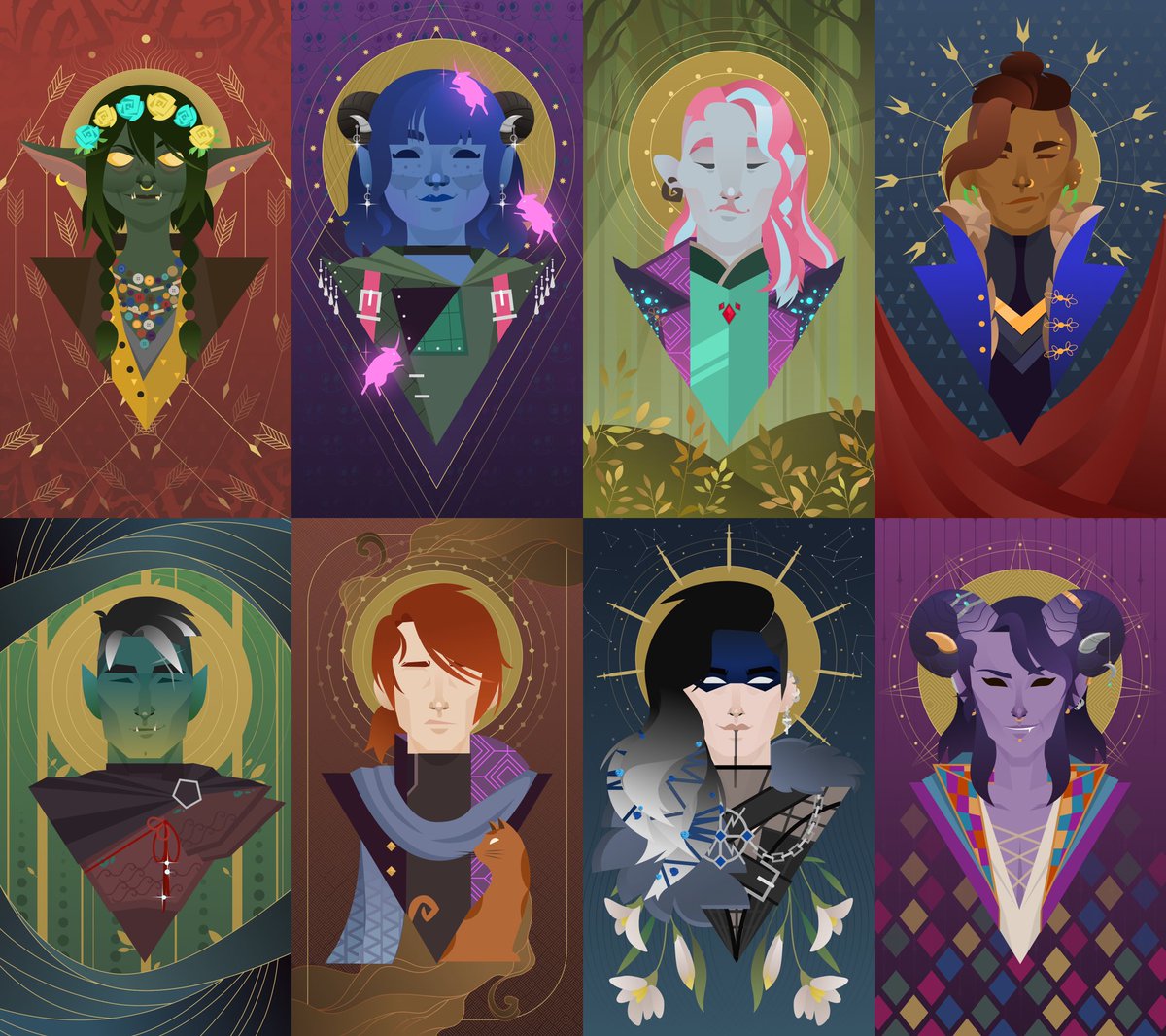 So I’ve been sitting on these #CriticalRole pieces for... a whiiiile 😬 So yah this is my entire #MightyNein series done as little tapestry type illustrations. Each one available individually in the thread #ArtistOnTwitter #CriticalRoleArt #criticalrolefanart #critter #critterTO