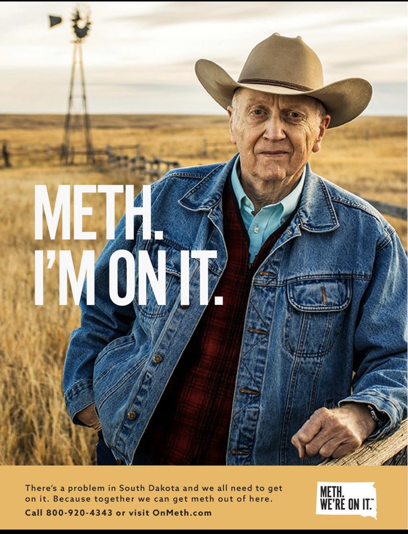 AlexThomp's tweet photo. South Dakota launches new anti-meth PR campaign (paying the ad agency 450k to develop it). 
“Eighty-three percent of South Dakota's 2019 court admissions for controlled substances are related to meth.”
https://t.co/z0MI2QmRDd https://t.co/s3C2zlZvkZ
