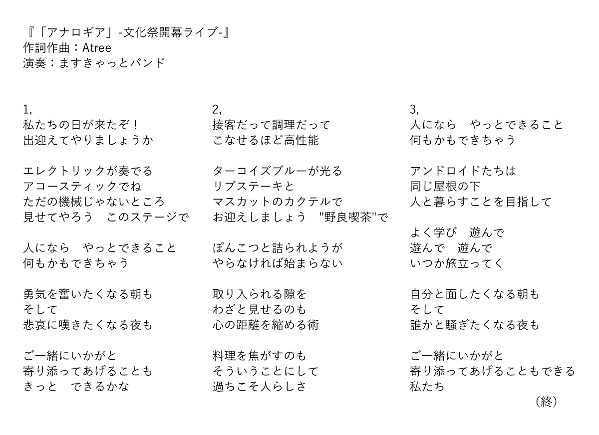 Atree サウンドクリエイター 求職美少女 Twitterissa アナロギア 文化祭開幕ライブ 歌詞はこちら Nora Cat のらきゃっと Nora Song